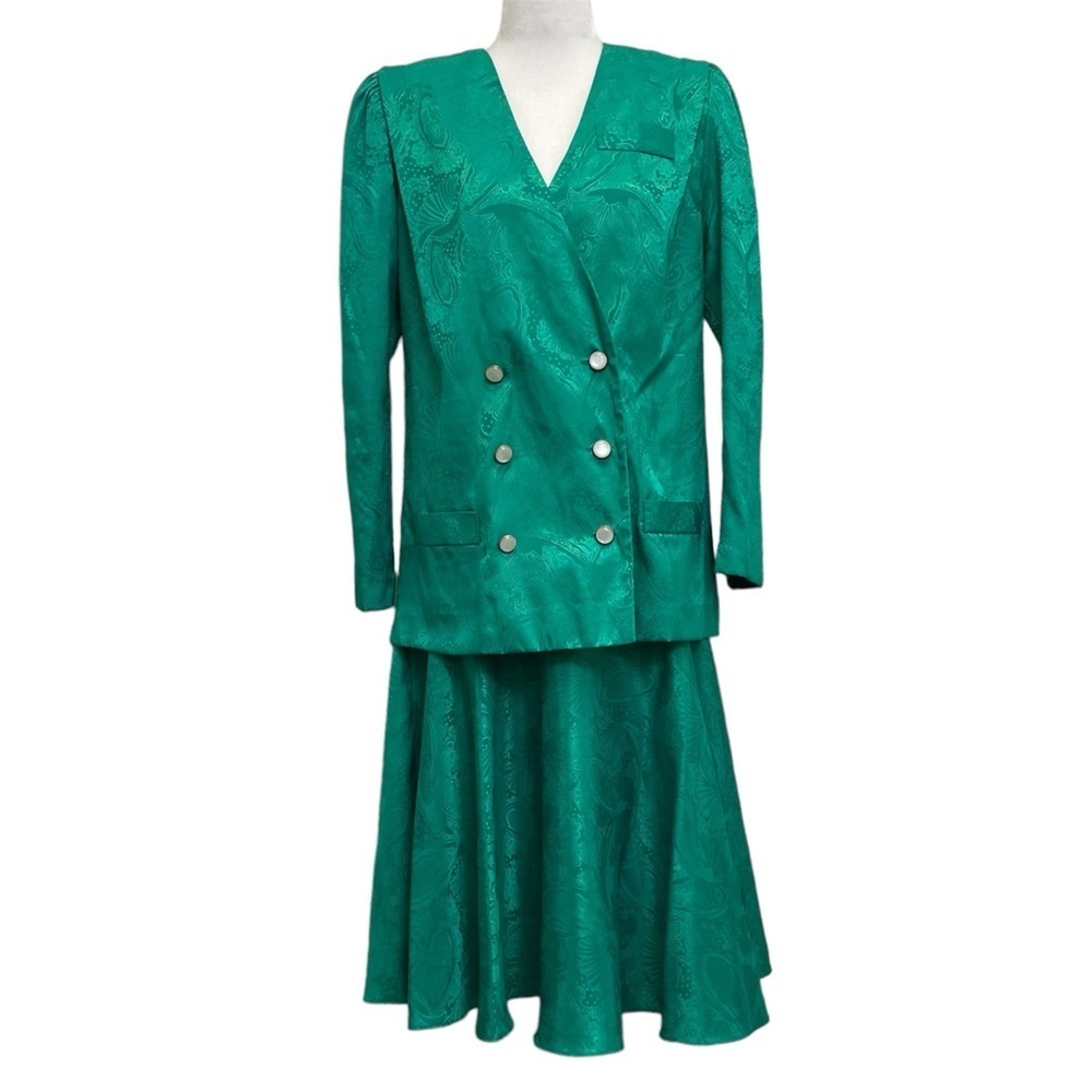 Leslie Faye Vintage Green 2 Piece Jacket & Midi Skirt Classic Holiday Church Set